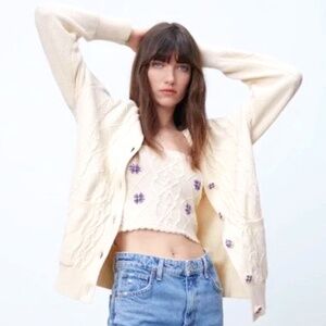 Zara Ecru Embroidered Knit Cardigan and Top 2 PIECES SET NWT